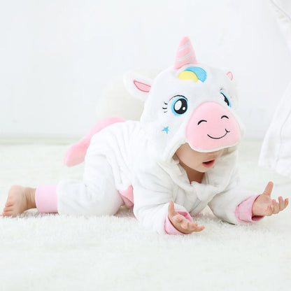 Baby Animal Hooded Costume Jumpsuit with Flannel Styling, Duck, Rabbit, Leopard and More Dress-Up Options for Boys and Girls, Sizes 70-120