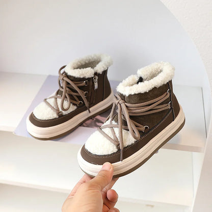 Toddler Fuzzy Trim Ankle Boots with Lace-Up Front and Side Zippers, Plush Winter Styling and Rubber Soles for Boys and Girls, Sizes 21–30