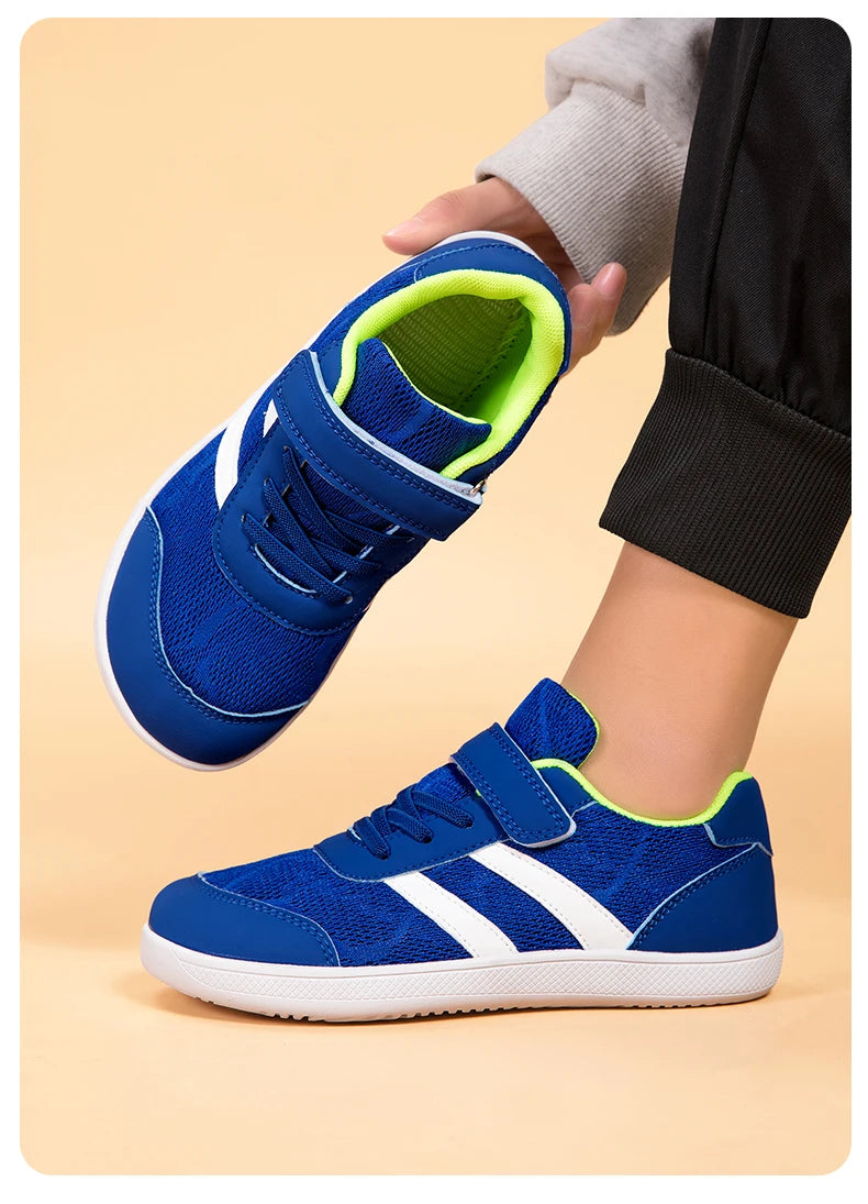 Kids Wide-Toe Mesh Sneakers with Adjustable Hook-and-Loop Strap, Contrast Side Stripes and Low-Top Casual Style in Pink, Black or Blue