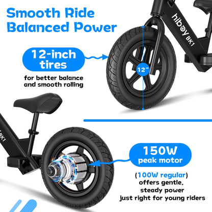 Kids Electric Balance Bike Hiboy BK1 with 12-Inch Tires, Adjustable Seat and Front V-Brake, Up to 9 MPH and 4.9-Mile Range for Ages 3–5