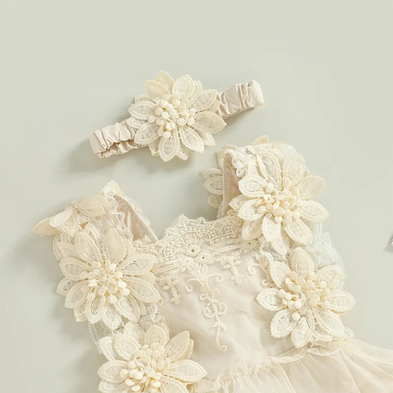 Floral Lace Baby Romper Dress with Matching Headband, Raised Flower Bodice and Sleeveless Square Neck for Parties and Milestone Photos, 0-18 Months