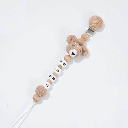Custom Name Pacifier Clip with Crochet Animal Detail, Beech Wood Holder and Letter Beads, Personalized Baby Shower Gift for Everyday Outings