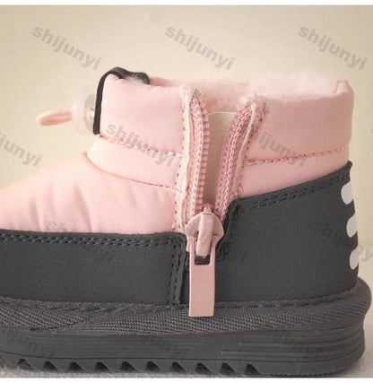 Plush-Lined Kids Snow Boots with Side Zippers and Chunky Platform Soles, Boys and Girls Winter Ankle Boots in Pink, Black and Ivory