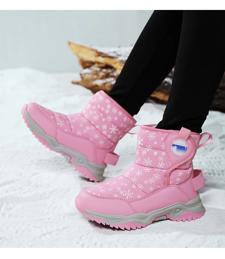 Snowflake Print Kids Winter Boots with Padded Shafts, Pull Tabs and Chunky Tread Soles, Pink Snow-Style Footwear for Boys and Girls