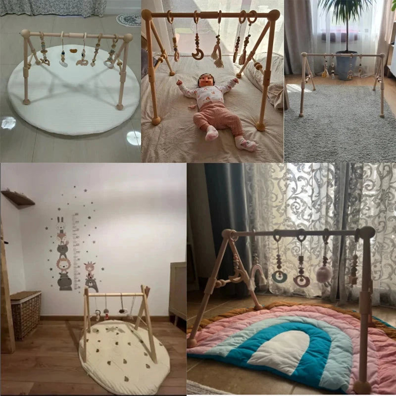 Baby Gym Hanging Toys in Wood and Cotton with Animal, Star and Moon Pendant Designs, Individual or Set Options for Supervised Play