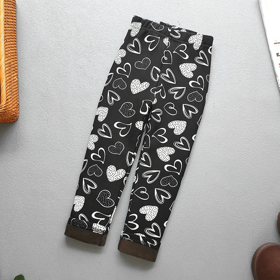 Printed Lined Leggings for Girls, Plush-Textured Winter Pants with Floral Heart and Pattern Options for Toddler and Kids Outfits, Sizes 2-3T to 10-11