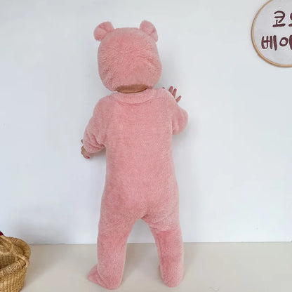 Plush Baby Jumpsuit with Front Buttons and Long Sleeves, Textured Fall Winter One-Piece Outfit for Boys and Girls in White, Camel, Pink or Grey