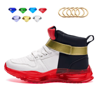 Shadow-Inspired High-Top Sneakers with Red Soles, White and Black Panels and Gold Strap Detail for Kids, Teens and Adult Casual Outfits