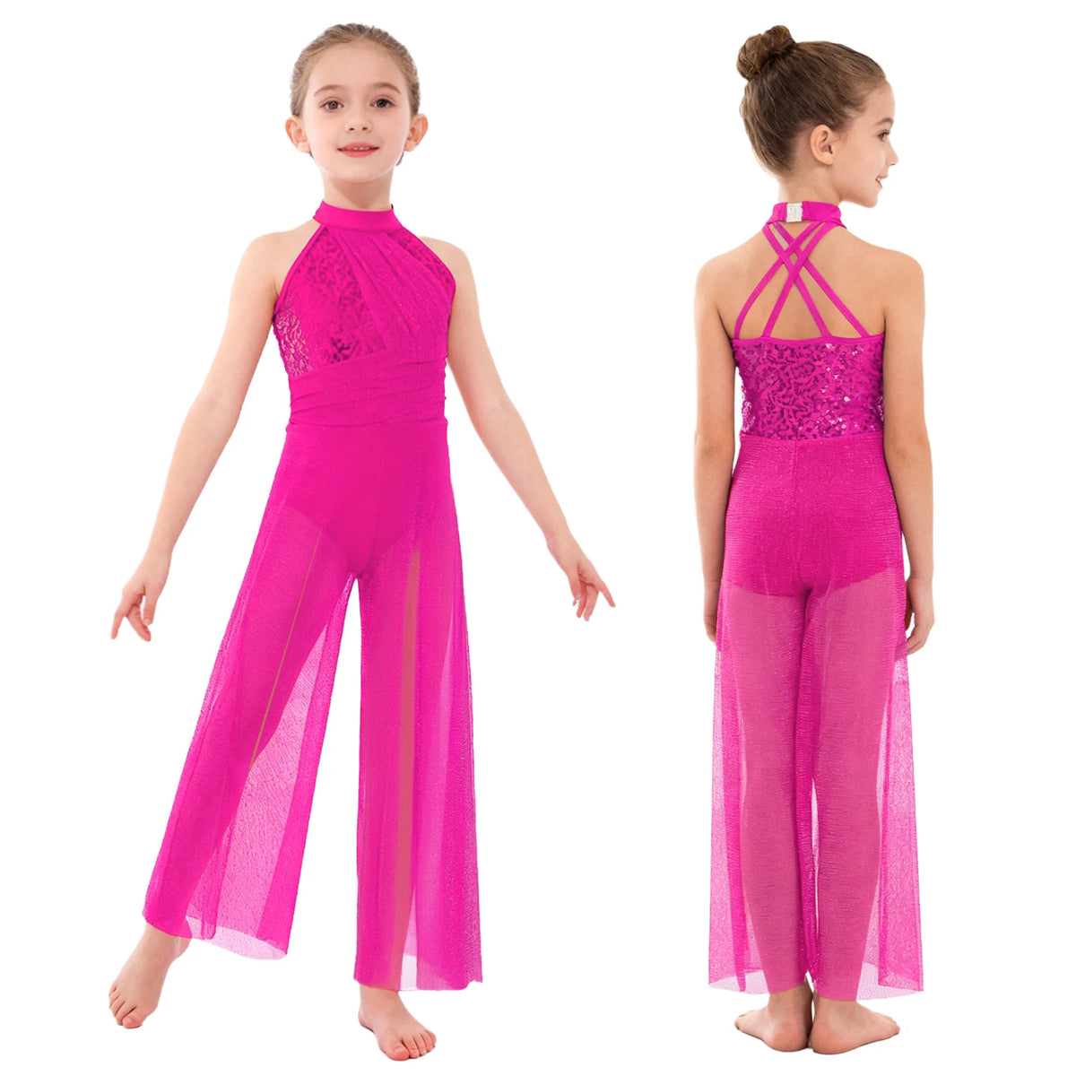 Girls Sequin Dance Jumpsuit with Split Wide-Leg Mesh, Sleeveless Mock Neck and Crisscross Back for Lyrical Recitals and Stage Performances
