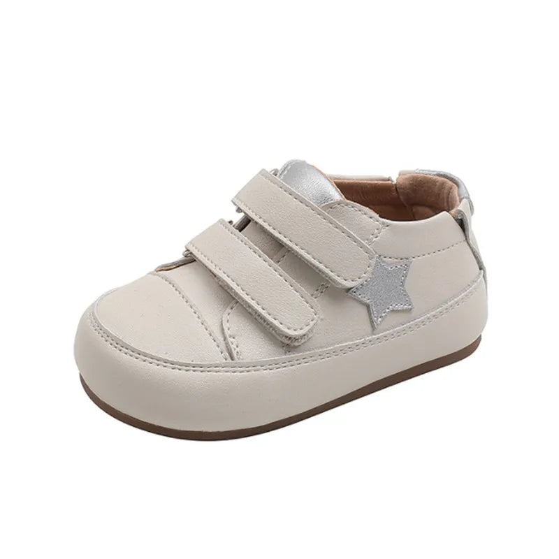 Toddler Star Sneakers with Double Hook-and-Loop Straps, Microfiber Leather Baby Boys and Girls Casual Shoes in Red Silver or Dark Blue, Sizes 15-27