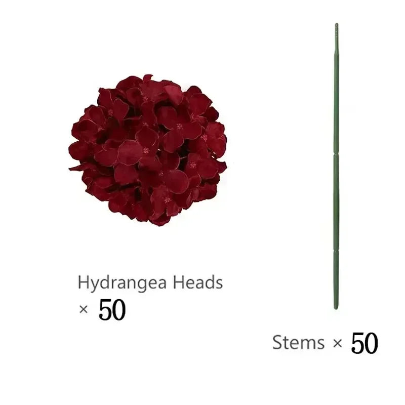 Artificial Hydrangea Flower Heads, 50-Piece Silk-Fabric Floral Set with Stem or Leaf Options for DIY Wedding Centerpieces, Baby Showers and Home Decor
