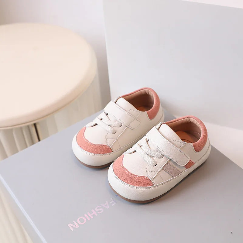 Baby Colorblock Strap Sneakers in Microfiber Leather, DIMI Low-Top Casual Shoes for Boys and Girls in Blue Pink or Brown, Spring and Fall Outfits