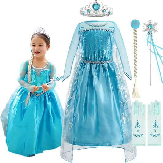 Girls Sequined Princess Costume Dress, Elsa and Anna Inspired Styles with Dress-Up Set Options for Christmas, Birthdays and Carnival Ages 3-10