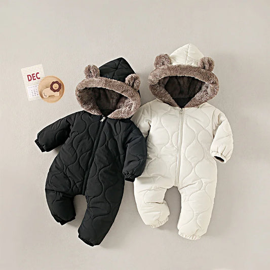 Baby Winter Outdoor One-Piece with Bear Ear Hood, Plush-Look Trim and Wavy Quilting, Zip-Front Jumpsuit for Infant and Toddler Boys and Girls