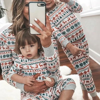Matching Christmas Pajamas for Family, Festive Allover Print Mom Dad Kids Two-Piece Outfits and Baby Romper for Holiday Photos