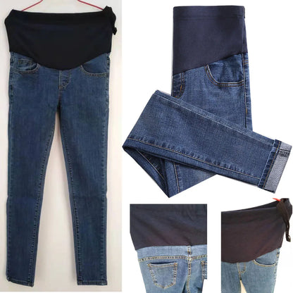 Maternity Denim Jeans with Over-Belly Panel, Blue Pregnancy Pants with Frayed Hem Styling, M-2XL Options for Everyday Casual Outfits