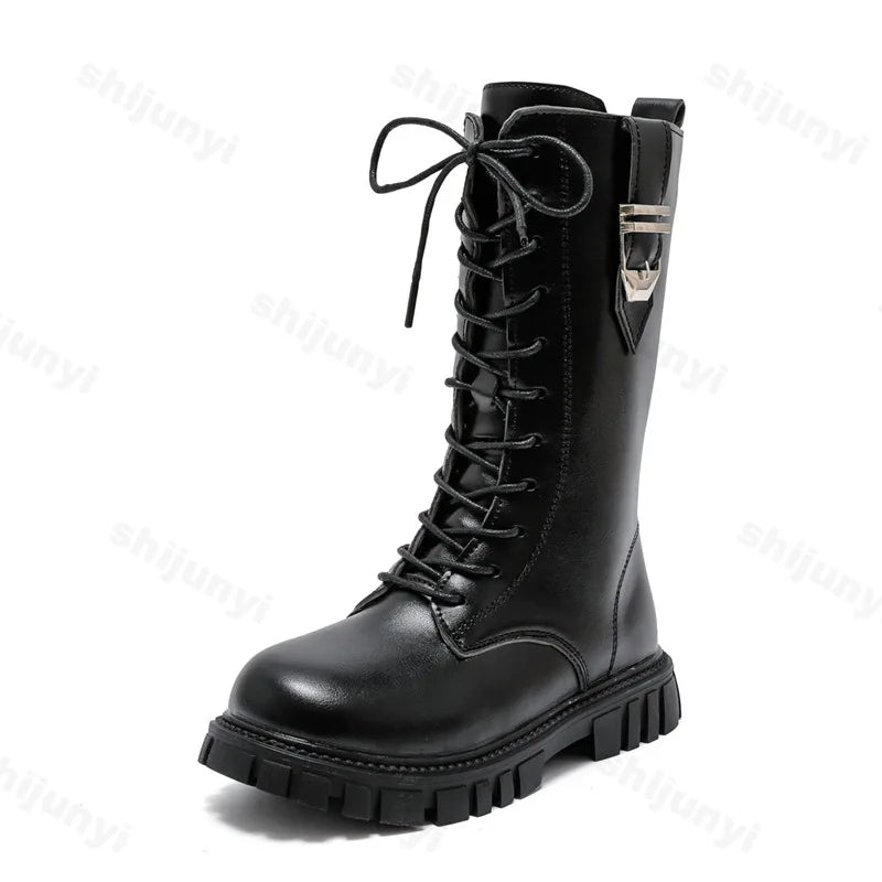 Girls Buckle Detail Tall Boots with Lace-Up Front and Side Zippers, Chunky Lug-Style Soles and Round Toes for Casual Fall Outfits