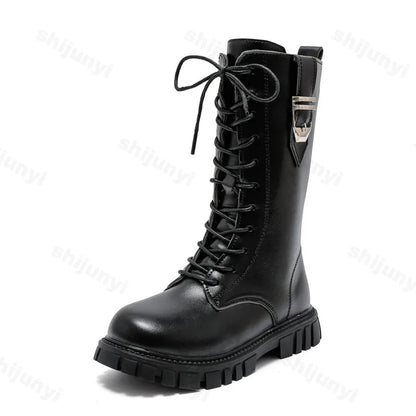 Girls Buckle Detail Tall Boots with Lace-Up Front and Side Zippers, Chunky Lug-Style Soles and Round Toes for Casual Fall Outfits