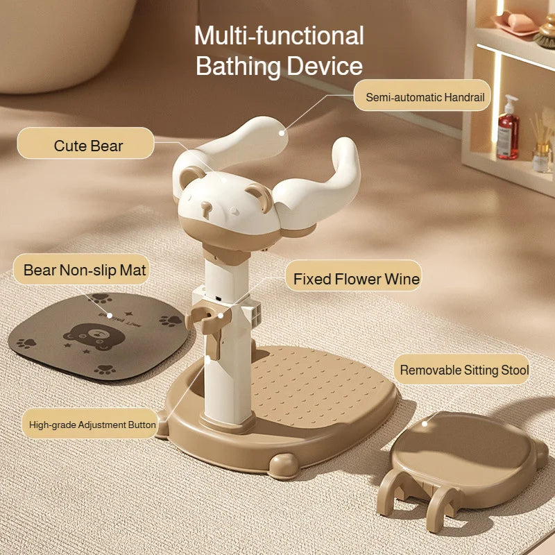 Adjustable Kids Shower Stand with Wraparound Support, Textured Base and Showerhead Holder, Gray or Brown Options for Adult-Supervised Bathing