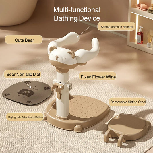 Adjustable Kids Shower Stand with Wraparound Support, Textured Base and Showerhead Holder, Gray or Brown Options for Adult-Supervised Bathing