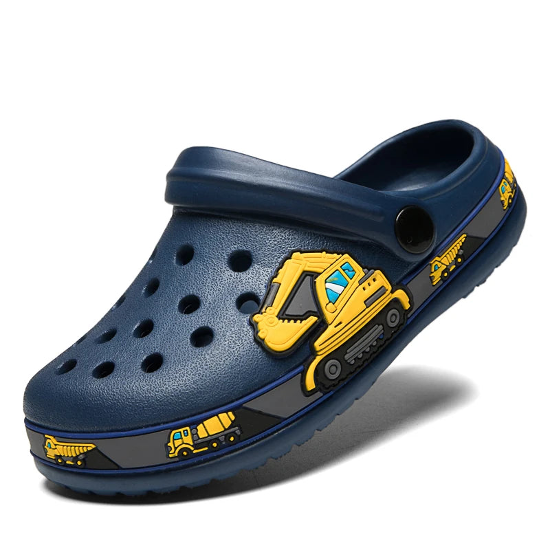 Dinosaur Kids Garden Clogs with Ventilation Holes and Pivoting Heel Strap, Closed-Toe Slip-On Summer Shoes for Boys and Girls Casual Outfits