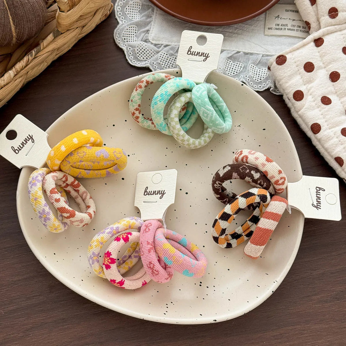 Floral and Plaid Hair Ties for Girls, Textured Elastic Ponytail Bands in Orange, Purple, Green, Yellow or Pink for Everyday Outfit Styling