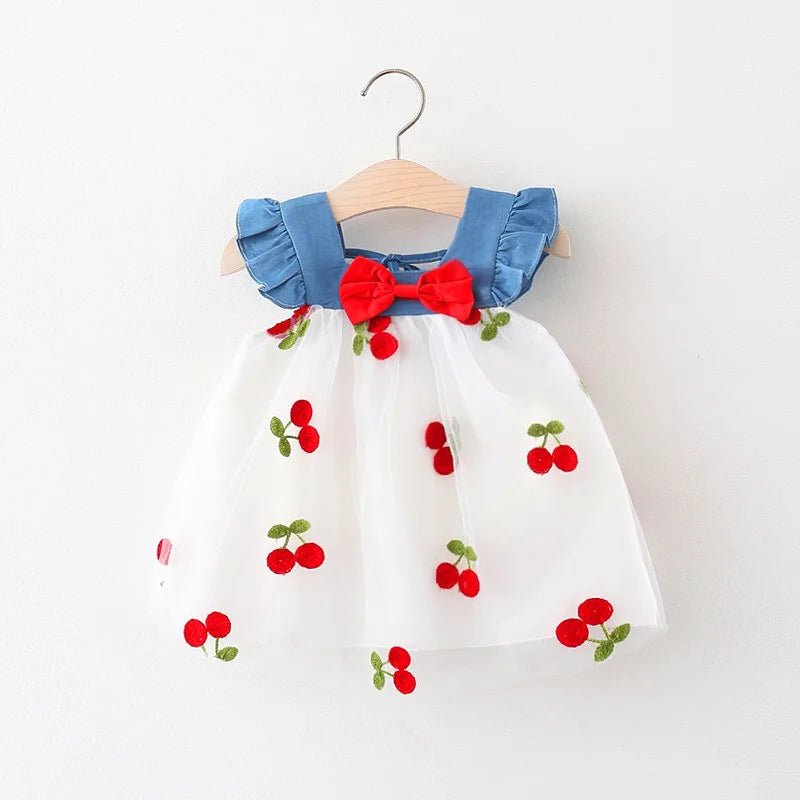 Baby Girl Cherry Dress, Pink or White Layered Skirt with Blue Ruffle Shoulder Straps and Front Bow for Summer Parties and Birthday Photos