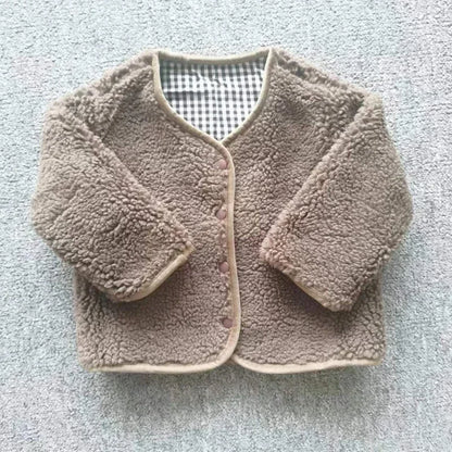 Toddler Reversible Plaid Jacket with Plush Reverse, V-Neck Snap Front and Patch Pockets, Brown or Beige Kids Fall Winter Layer, Sizes 12M-6T