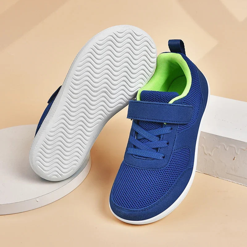 Kids Breathable Mesh Walking Shoes with Wide Toe Design, Hook-and-Loop Strap and Textured EVA Soles in Blue, Black, Pink or Grey