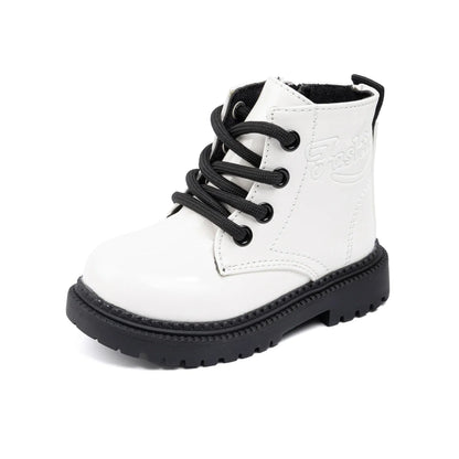 Kids PU Leather Combat Ankle Boots with Lace-Up Front, Side Zipper and Black Chunky Soles, Boys and Girls Fall Winter Shoes in Sizes 21-30
