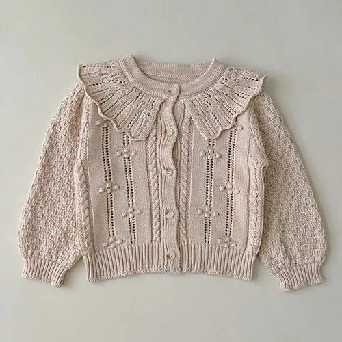 Contrast-Trim Ruffle Collar Baby Girl Cardigan Styles with Button Front and Long Sleeves, Infant and Toddler Knit Sweater Options in Sizes 3M-3T