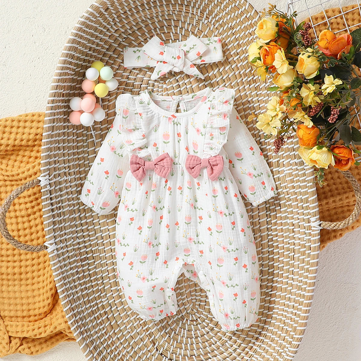 Baby Girl Heart Print Romper with Shoulder Ruffles and Bow Details, Long Sleeve Cotton Jumpsuit with Inner-Leg Snaps, Sizes 0-6 Months