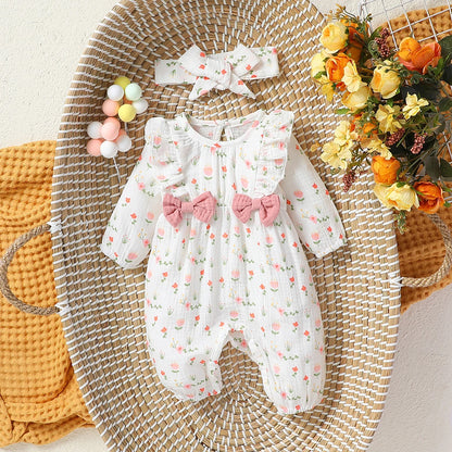 Baby Girl Heart Print Romper with Shoulder Ruffles and Bow Details, Long Sleeve Cotton Jumpsuit with Inner-Leg Snaps, Sizes 0-6 Months