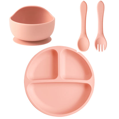 Four-Piece Silicone Baby Feeding Set with Three-Section Suction Plate, Bowl, Spoon and Fork for Supervised Toddler Meals in Ten Color Options