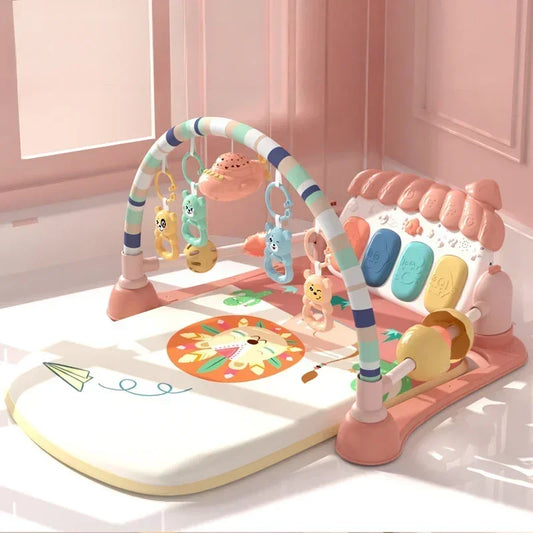 4-Key Baby Piano Activity Mat with 8 Soothing Tunes, Hanging Animal Toys and Mirror, Pink or Green Play Gym for Supervised Kicking and Reaching