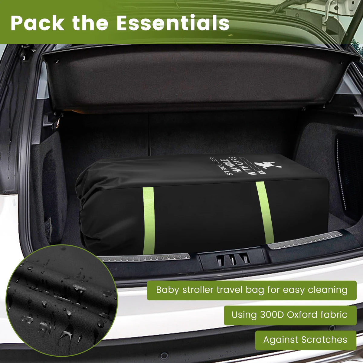 Stroller Transport Cover Bag in 300D Oxford Cloth, Black Drawstring Travel Storage with Carry Strap and Name Tag Area for Flights and Road Trips