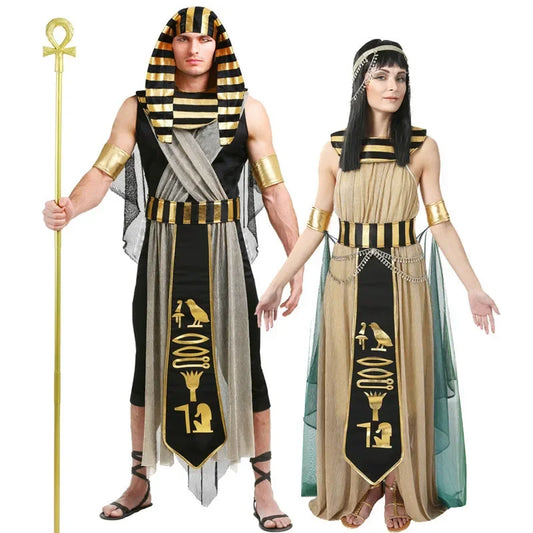 Egyptian Pharaoh and Cleopatra Costume Styles for Adults, Gold and Black Royal-Inspired Outfits with Headwear and Belt for Halloween Parties