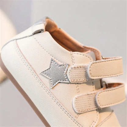 Toddler Star Sneakers with Double Hook-and-Loop Straps, Microfiber Leather Baby Boys and Girls Casual Shoes in Red Silver or Dark Blue, Sizes 15-27