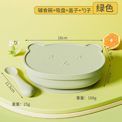Bear-Shaped Silicone Baby Plate with Lid, Anti-Slip Feeding Dish with Raised Sides for Supervised Infant and Toddler Meals in Four Colors