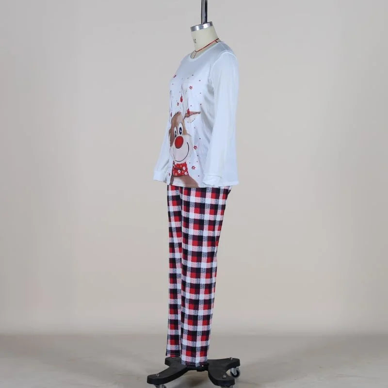 Reindeer Family Matching Pajamas with White Long Sleeve Tops and Red Black Plaid Pants, Christmas Outfits for Mom, Dad, Kids and Baby Size Options