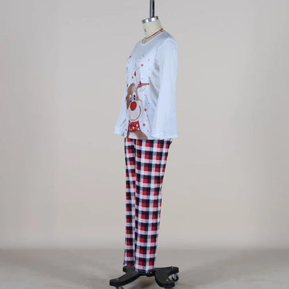 Reindeer Family Matching Pajamas with White Long Sleeve Tops and Red Black Plaid Pants, Christmas Outfits for Mom, Dad, Kids and Baby Size Options