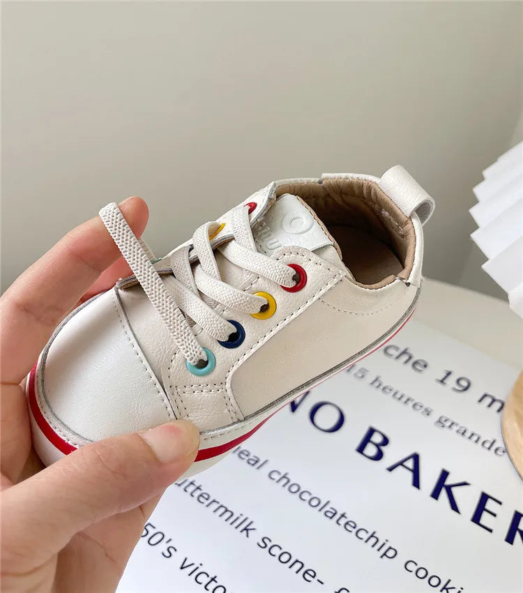 Toddler Colorful Eyelet Sneakers with Lace-Up Front and Contrast Sole Stripe, Beige or Yellow Baby Boys and Girls Casual Spring and Fall Shoes