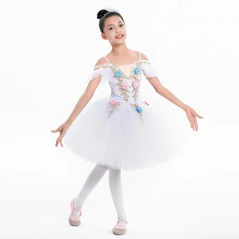 Floral Girls Ballet Tutu Dress with Ruffled Shoulders and Layered Skirt for Dance Recitals, Stage Performances and Group Costumes, Sizes 110-160