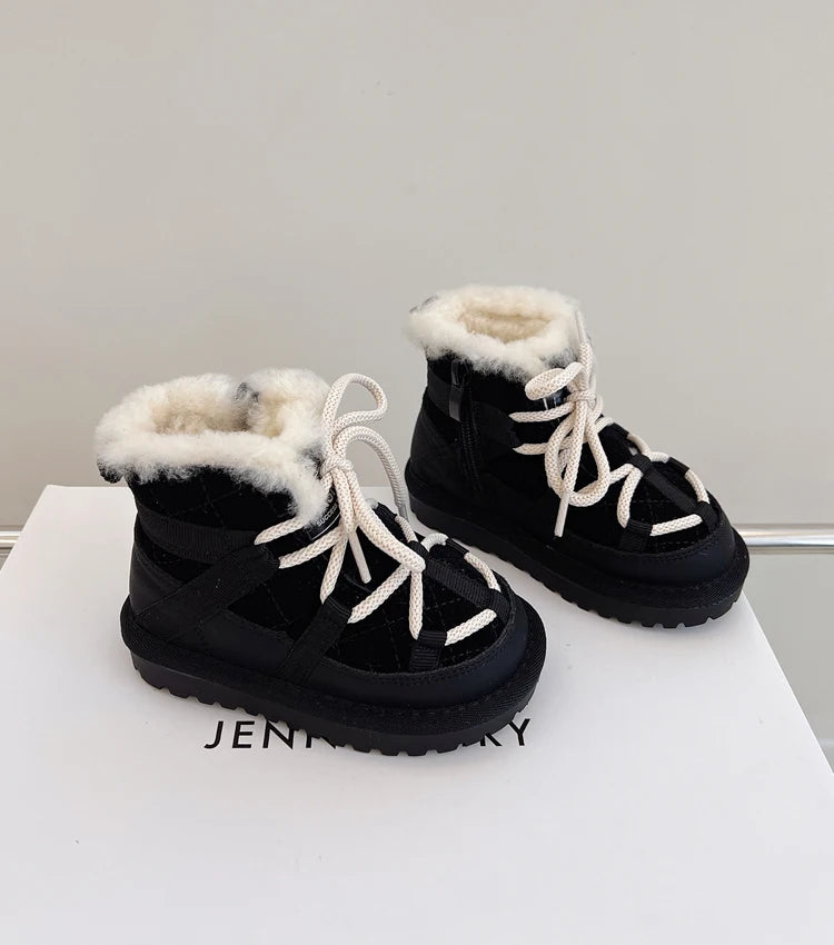 Plush-Lined Toddler Ankle Boots with Lace-Up Front and Side Zipper, Camel or Black Winter Shoes for Boys and Girls, Sizes 18-30