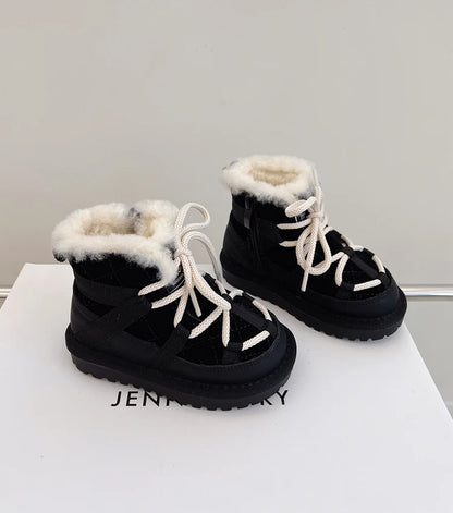 Plush-Lined Toddler Ankle Boots with Lace-Up Front and Side Zipper, Camel or Black Winter Shoes for Boys and Girls, Sizes 18-30
