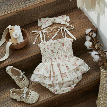 Smocked Floral Baby Girl Sunsuit with Headband, Cotton Blend Ruffle Romper with Tie Shoulder Straps for Summer Photos, 0-24 Months