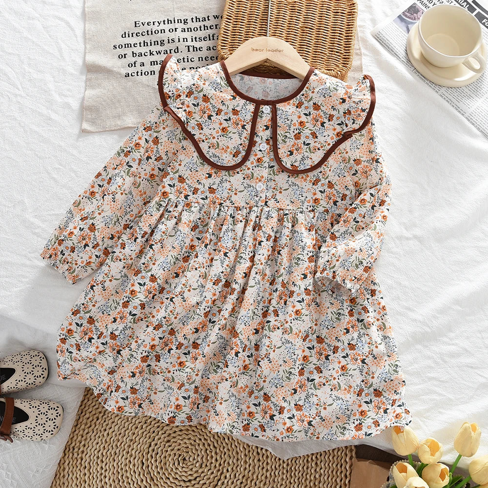 Toddler Girls Floral Dress with Oversized Collar and Long Sleeves, Bear Leader Outfit in Sizes 2T–6T for Spring, Fall and Family Photos