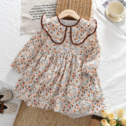 Toddler Girls Floral Dress with Oversized Collar and Long Sleeves, Bear Leader Outfit in Sizes 2T–6T for Spring, Fall and Family Photos