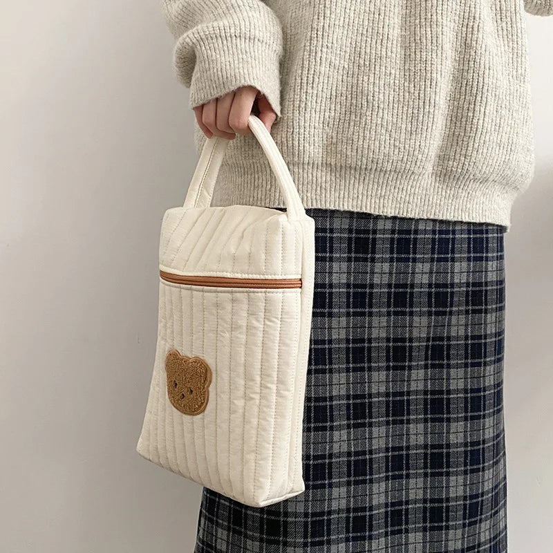 Quilted Diaper Bag with Bear Applique, Beige Cotton Zippered Baby Essentials Organizer with Carry Handle for Moms and Everyday Outings