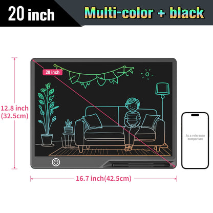 Rechargeable LCD Writing Tablet for Kids, 16 or 20 Inch Color Drawing Board with Screen Lock, Erase Button and Stylus for Learning and Memos